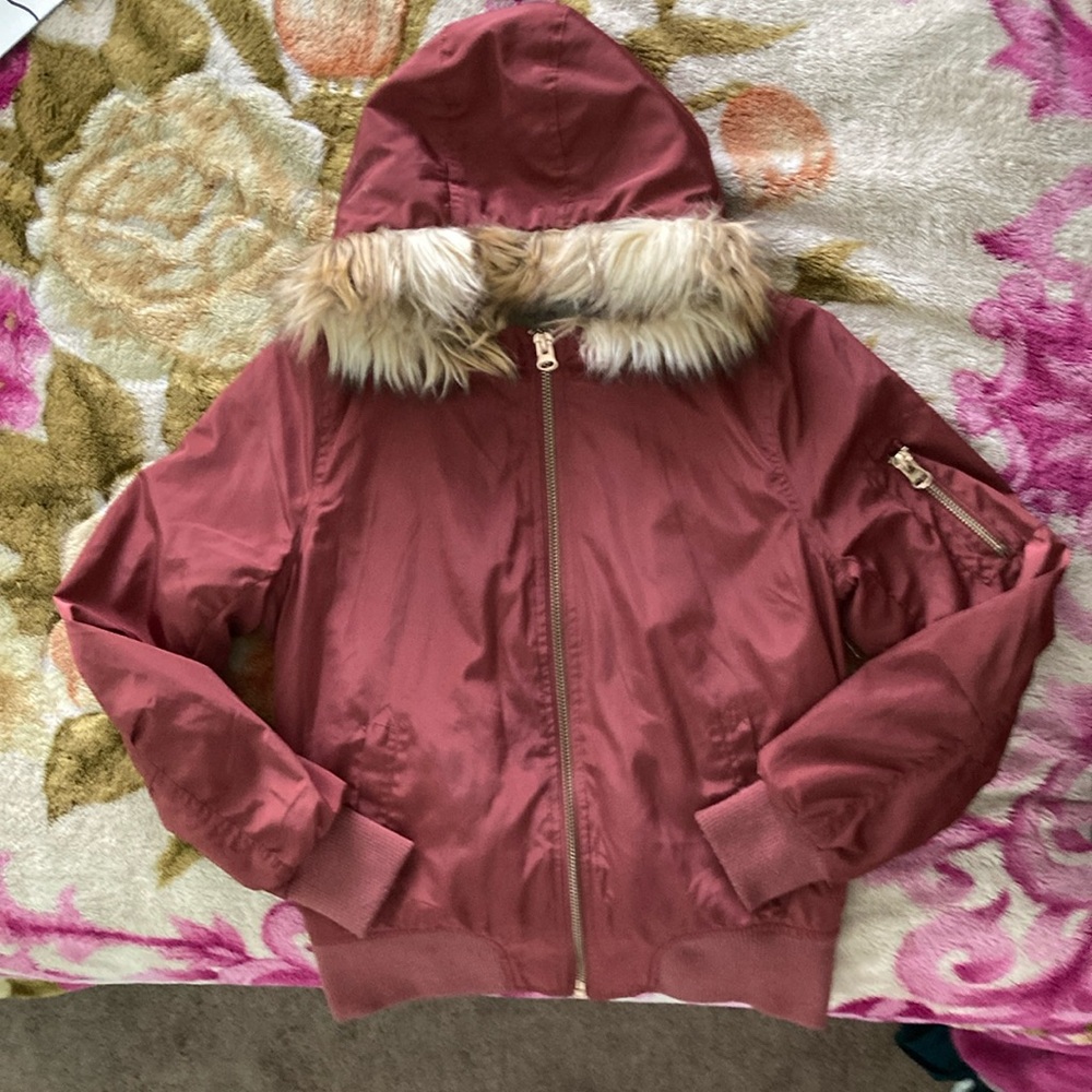 Rust Hooded Jacket with Faux Fur Trim